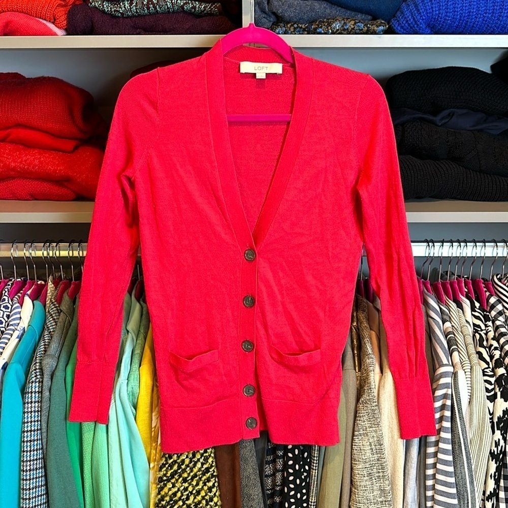 Loft red long sleeve v neck front button cardigan size XS
